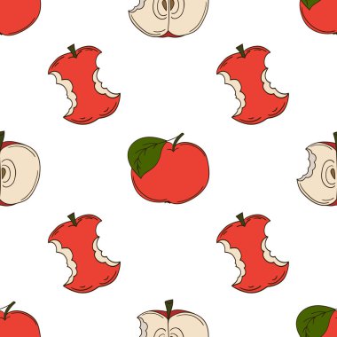 Kırmızı elmalar. Elinde kusursuz meyve deseni var. Mönü ya da mutfak için desen. Tasarım için yazdır, vs.