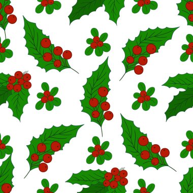 Holly mi? Kusursuz bir Noel modeli. Menü ya da mutfağın el çizimi şekli. Tasarım, tekstil, kumaş, duvar kağıdı, ambalaj kağıdı