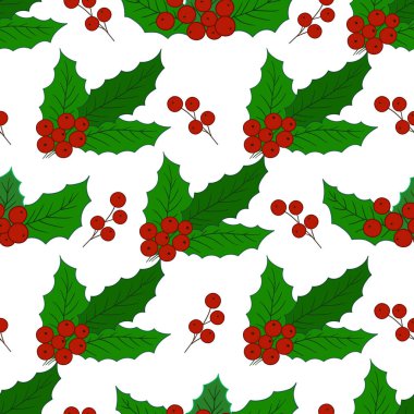 Holly mi? Kusursuz bir Noel modeli. Menü ya da mutfağın el çizimi şekli. Tasarım, tekstil, kumaş, duvar kağıdı, ambalaj kağıdı, dekorasyon