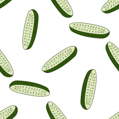 Salatalık. Elinde kusursuz sebze deseni var. Mönü ya da mutfak için desen. Tasarım, tekstil, kumaş için yazdır