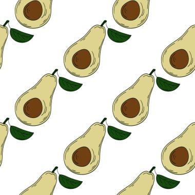 Avokado. Elinde kusursuz meyve deseni var. Mönü ya da mutfak için desen. Tasarım, tekstil, kumaş için yazdır