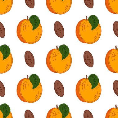 Kayısı. Elinde kusursuz meyve deseni var. Mönü ya da mutfak için desen. Tasarım, tekstil, kumaş, duvar kağıdı için yazdır