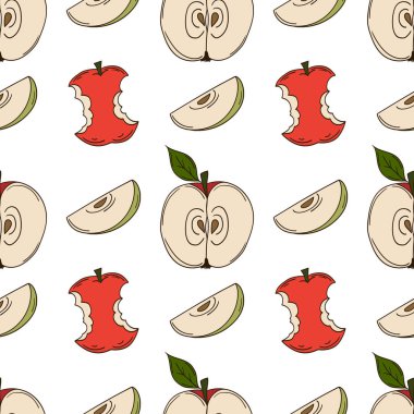 Elmalar. Elinde kusursuz meyve deseni var. Mönü ya da mutfak için desen. Tasarım, tekstil, kumaş, duvar kağıdı, ambalaj kağıdı vs. için yazdır