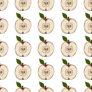 Elmalar. Elinde kusursuz meyve deseni var. Mönü ya da mutfak için desen. Tasarım, tekstil vs. için yazdır