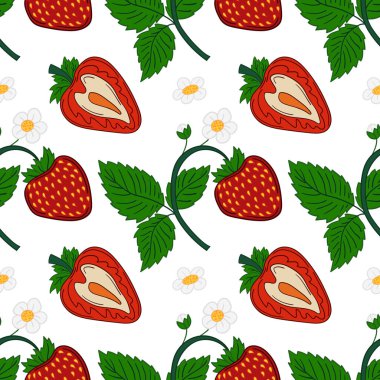 Çilekli. Tekstil ya da mutfak için desen. Elle çekiş tarzında kusursuz böğürtlen şekli. Tasarım için yazdır