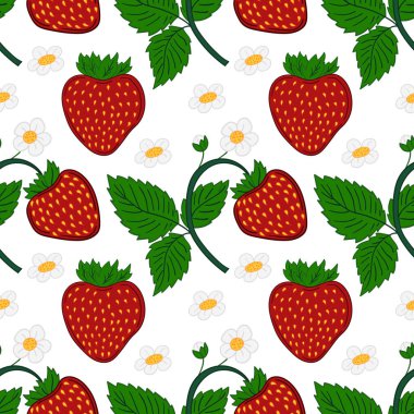 Çilekli. Tekstil ya da mutfak için desen. Elle çekiş tarzında kusursuz böğürtlen şekli. Tasarım, tekstil, kumaş, duvar kağıdı, ambalaj için yazdır