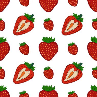 Çilekli. Tekstil ya da mutfak için desen. Elle çekiş tarzında kusursuz böğürtlen şekli. Tasarım, tekstil, kumaş, duvar kağıdı, ambalaj kağıdı