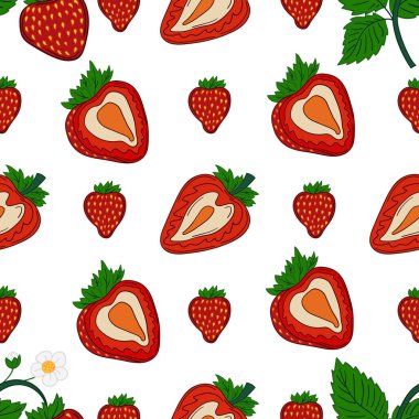 Çilekli. Tekstil ya da mutfak tarzı. Kusursuz dut deseni. Tasarım, tekstil, kumaş, duvar kağıdı, ambalaj kağıdı, dekorasyon vesaire için yazdır