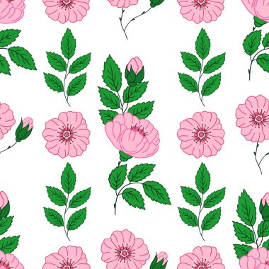 Kusursuz çiçek deseni elde çizim stili. Tekstil ya da mutfak için desen. Rosehip 'te. Tasarım, tekstil, kumaş, duvar kağıdı, ambalaj kağıdı