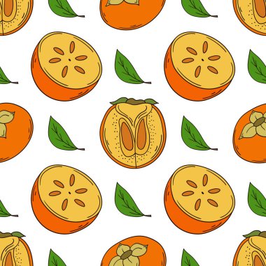 Hurma. Tekstil ya da mutfak için desen. Elinde kusursuz meyve deseni var. Tasarım ve tekstil için yazdır