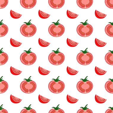 Tekstil ya da mutfak için desen. Elinde kusursuz sebze deseni var. Domates. Tasarım, tekstil, kumaş, duvar kağıdı, ambalaj kağıdı