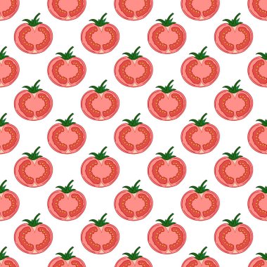 Tekstil ya da mutfak için desen. Elinde kusursuz sebze deseni var. Domates. Tasarım, tekstil, kumaş, duvar kağıdı, ambalaj kağıdı, dekorasyon