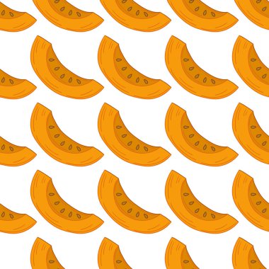 Tekstil ya da mutfak için desen. Elinde kusursuz sebze deseni var. Balkabağım. Tasarım, tekstil, kumaş, duvar kağıdı, ambalaj kağıdı, dekorasyon