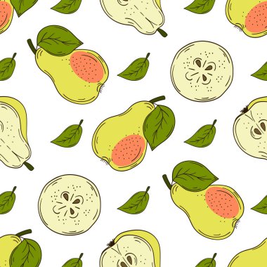 Tekstil ya da mutfak için desen. Elinde kusursuz meyve deseni var. Armut. Yazdır