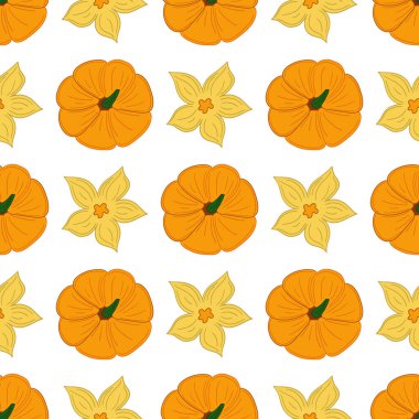 Tekstil ya da mutfak için desen. Balkabağım. Elinde kusursuz sebze deseni var. Tasarım için yazdır