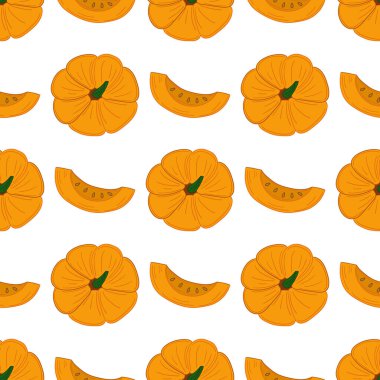 Tekstil ya da mutfak için desen. Balkabağım. Elinde kusursuz sebze deseni var. Tasarım, kumaş, duvar kağıdı için yazdır