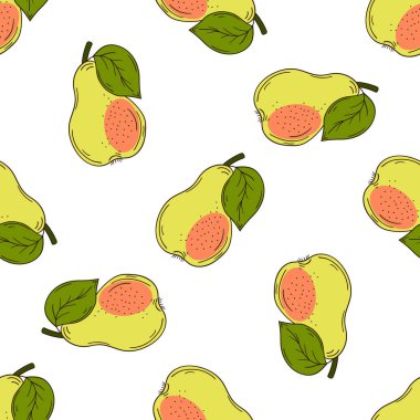 Tekstil ya da mutfak için desen. Armut. Elinde kusursuz meyve deseni var. Tasarım, tekstil, kumaş için yazdır