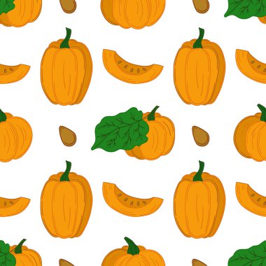 Tekstil ya da mutfak tarzı. Kusursuz sebze deseni. Balkabağım. Tasarım, tekstil, kumaş, duvar kağıdı, ambalaj kağıdı, dekorasyon vesaire için yazdır