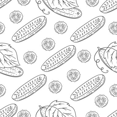 Tek renkli sebze deseni. Menü ya da mutfağın el çizimi şekli. Salatalık. Tasarım için yazdır