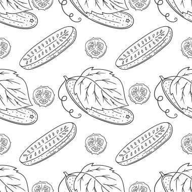 Tek renkli sebze deseni. Menü ya da mutfağın el çizimi şekli. Salatalık. Tasarım, tekstil, kumaş, duvar kağıdı, ambalaj kağıdı