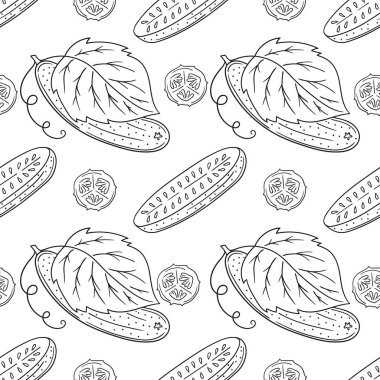 Tek renkli sebze deseni. Menü ya da mutfağın el çizimi şekli. Salatalık. Tasarım, tekstil, kumaş, duvar kağıdı, ambalaj kağıdı, dekorasyon