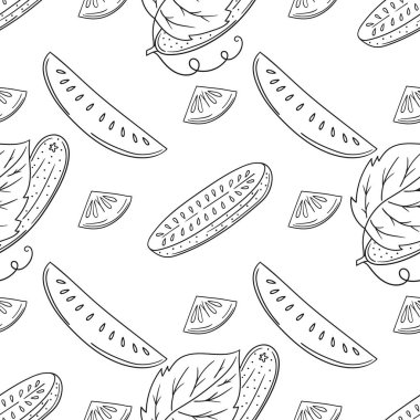 Tek renkli sebze deseni. Salatalık. Menü ya da mutfağın el çizimi şekli. Yazdır