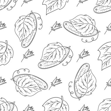 Tek renkli sebze deseni. Salatalık. Menü ya da mutfağın el çizimi şekli. Tasarım ve tekstil için yazdır