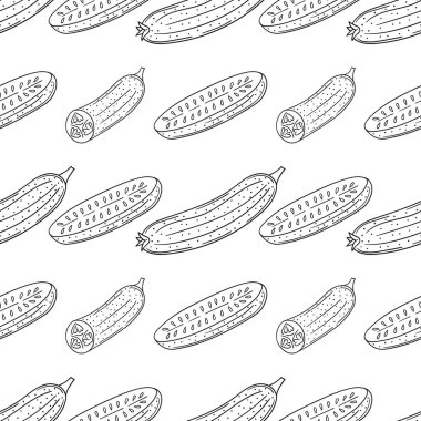 Tek renkli sebze deseni. Salatalık. Menü ya da mutfağın el çizimi şekli. Tasarım, tekstil, kumaş için yazdır