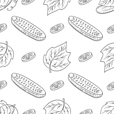 Tek renkli sebze deseni. Salatalık. Menü ya da mutfağın el çizimi şekli. Tasarım, tekstil, kumaş, duvar kağıdı, ambalaj kağıdı, dekorasyon