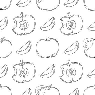 Tek renkli meyve deseni elde çizim tarzında. Kırmızı elmalar. Mönü ya da mutfak için desen. Tasarım, tekstil, kumaş, duvar kağıdı, ambalaj kağıdı vs. için yazdır