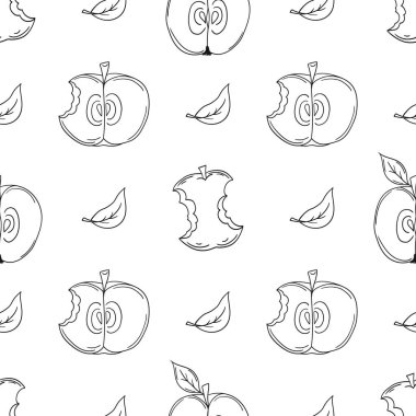 Tek renkli meyve deseni elde çizim tarzında. Mönü ya da mutfak için desen. Kırmızı elmalar. Yazdır