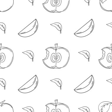 Tek renkli meyve deseni elde çizim tarzında. Mönü ya da mutfak için desen. Kırmızı elmalar. Tasarım, tekstil, kumaş, duvar kağıdı, ambalaj kağıdı, dekorasyon vesaire için yazdır