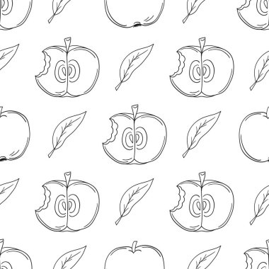 Tek renkli meyve deseni elde çizim tarzında. Yeşil elmalar. Mönü ya da mutfak için desen. Tasarım, tekstil vs. için yazdır