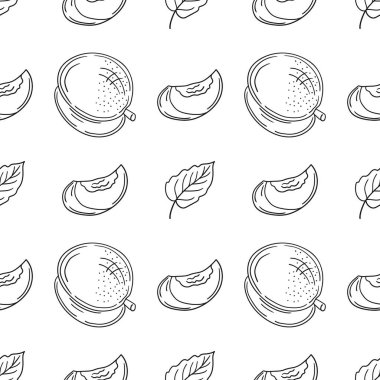 Tek renkli meyve deseni elde çizim tarzında. Kayısı, şeftali. Mönü ya da mutfak için desen. Tasarım, tekstil, kumaş, duvar kağıdı, ambalaj kağıdı