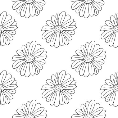 Tek renkli çiçek desenli. Menü ya da mutfağın el çizimi şekli. Papatya çayı. Tasarım, tekstil, kumaş için yazdır