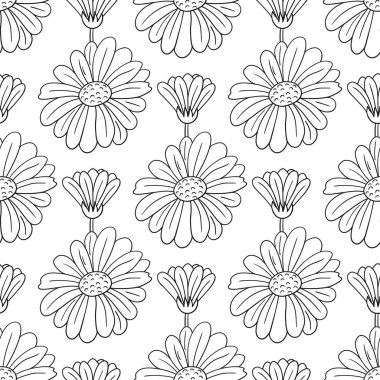 Tek renkli çiçek desenli. Menü ya da mutfağın el çizimi şekli. Papatya çayı. Tasarım, tekstil, kumaş, duvar kağıdı için yazdır