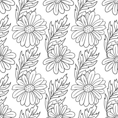 Tek renkli çiçek desenli. Menü ya da mutfağın el çizimi şekli. Papatya çayı. Tasarım, tekstil, kumaş, duvar kağıdı, ambalaj için yazdır