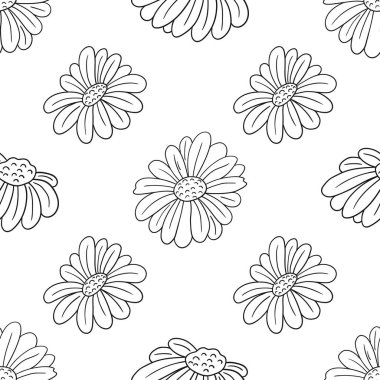 Tek renkli çiçek desenli. Menü ya da mutfağın el çizimi şekli. Papatya çayı. Tasarım, tekstil, kumaş, duvar kağıdı, ambalaj kağıdı, dekorasyon vesaire için yazdır