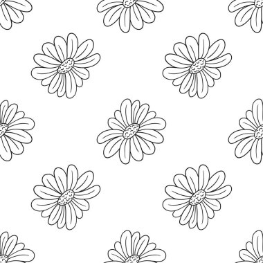 Tek renkli çiçek desenli. Menü ya da mutfağın el çizimi şekli. Papatya çayı, papatya. Tasarım, tekstil, kumaş, duvar kağıdı, ambalaj kağıdı