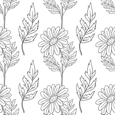 Tek renkli çiçek desenli. Papatya çayı. Menü ya da mutfağın el çizimi şekli. Yazdır