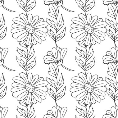 Tek renkli çiçek desenli. Papatya çayı. Menü ya da mutfağın el çizimi şekli. Tasarım, tekstil, kumaş, duvar kağıdı, ambalaj için yazdır