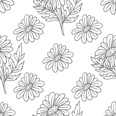 Tek renkli çiçek desenli. Papatya çayı, papatya. Menü ya da mutfağın el çizimi şekli. Tasarım, tekstil, kumaş, duvar kağıdı, ambalaj kağıdı