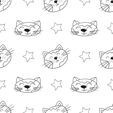 Tek renkli şirin desen. Tekstil ya da el yapımı çocuklar için bir model. Kediler. Tasarım, tekstil, kumaş, duvar kağıdı, ambalaj kağıdı, dekorasyon vesaire için yazdır