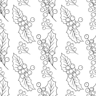 Tek renkli Noel deseni. Menü ya da mutfağın el çizimi şekli. Holly mi? Tasarım için yazdır