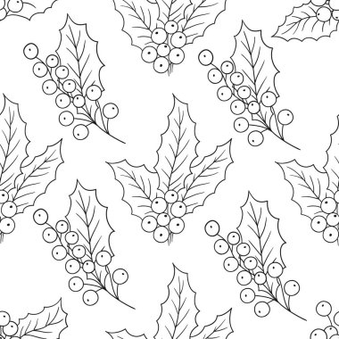 Tek renkli Noel deseni. Menü ya da mutfağın el çizimi şekli. Holly mi? Tasarım, tekstil, kumaş için yazdır