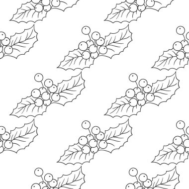 Tek renkli Noel deseni. Menü ya da mutfağın el çizimi şekli. Holly mi? Tasarım, tekstil, kumaş, duvar kağıdı, ambalaj kağıdı, dekorasyon vesaire için yazdır