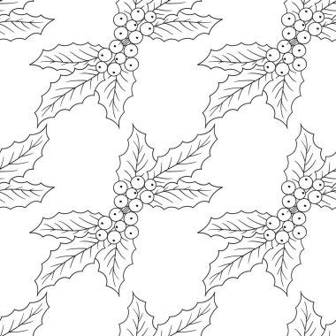 Tek renkli Noel deseni. Holly mi? Menü ya da mutfağın el çizimi şekli. Tasarım, tekstil, kumaş, duvar kağıdı, ambalaj kağıdı, dekorasyon