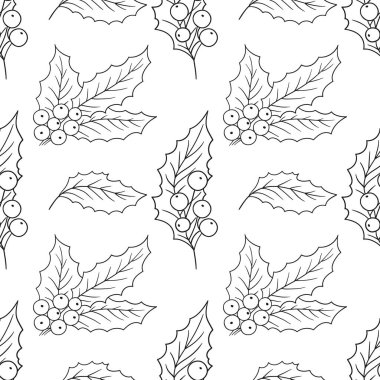 Tek renkli Noel deseni elde çizim tarzında. Mönü ya da mutfak için desen. Holly mi? Tasarım, tekstil, kumaş için yazdır