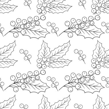 Tek renkli Noel deseni elde çizim tarzında. Mönü ya da mutfak için desen. Holly mi? Tasarım, tekstil, kumaş, duvar kağıdı için yazdır