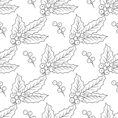 Tek renkli Noel deseni elde çizim tarzında. Mönü ya da mutfak için desen. Holly mi? Tasarım ve tekstil için yazdır